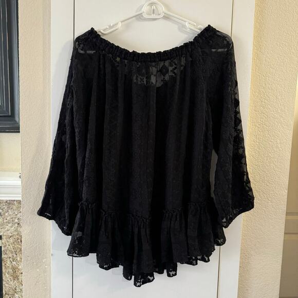 Rebecca Taylor Womens Embroidered Black Silk Lace Sheer Off The Shoulder Blouse - Picture 4 of 10